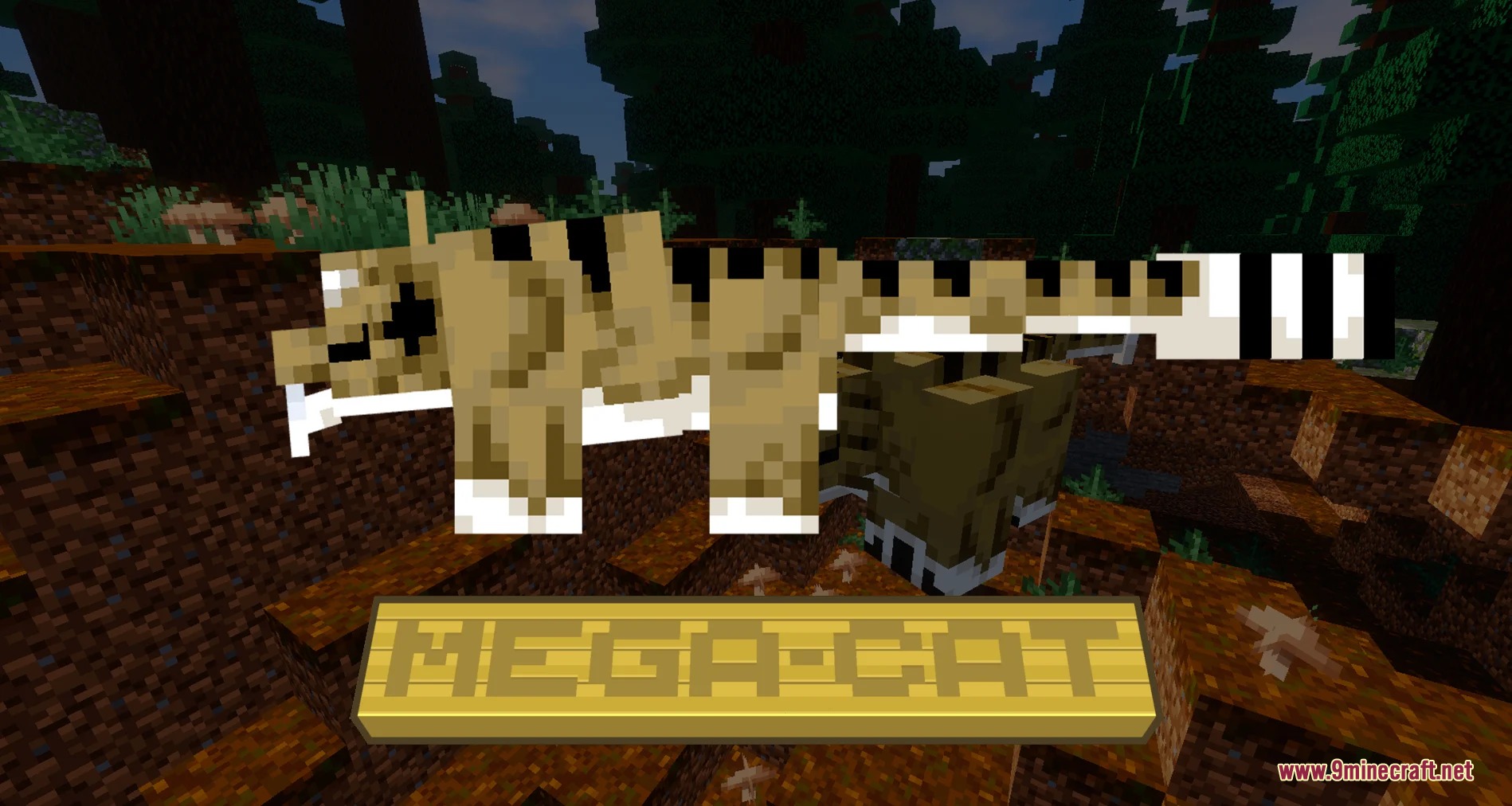 A large prehistoric Megacat standing in a dark Minecraft forest environment