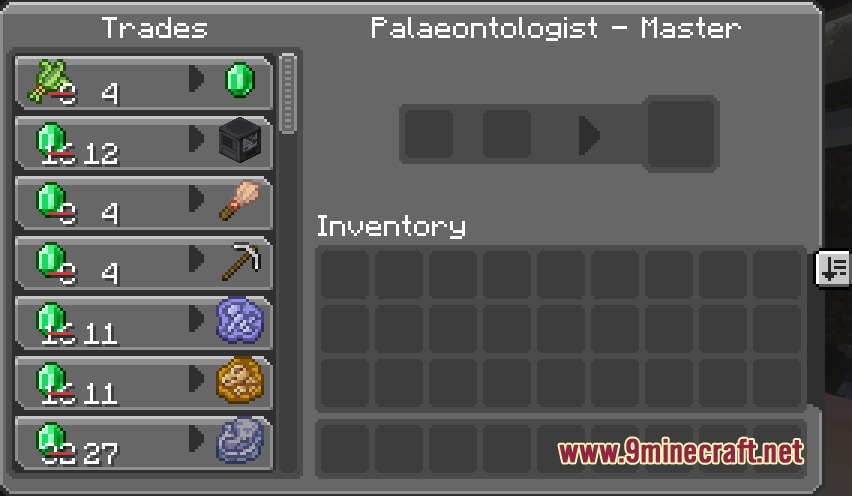 Ancient Trade Routes Mod Screenshot 1 Trading menu of a Master Palaeontologist villager offering fossils and machine parts