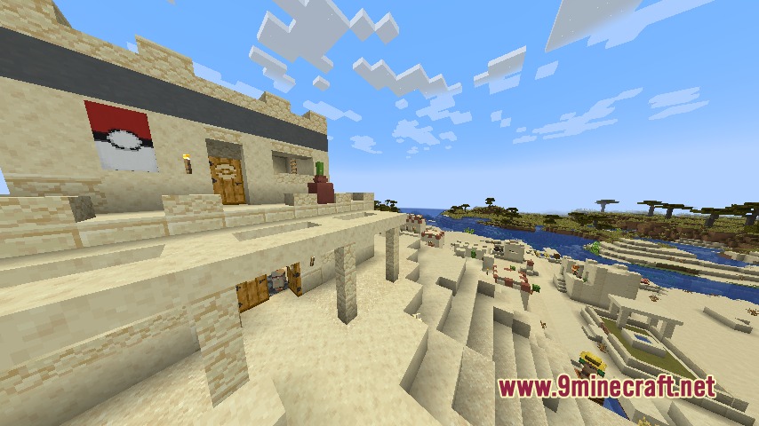 Ancient Trade Routes Mod Screenshot 2 A desert village featuring a research laboratory building with a Pokeball banner