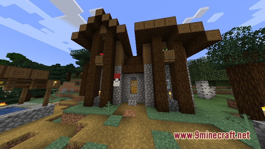 Ancient Trade Routes Mod Screenshot 4 Exterior of a custom research laboratory building featuring a Pokeball banner on front