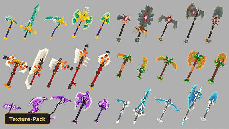 various fantasy-themed pixel art tools and weapons on a plain background