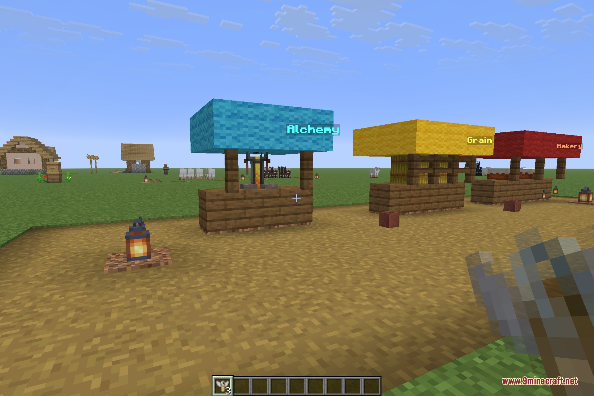 Three market stalls, each with its own coloured label floating above the counter