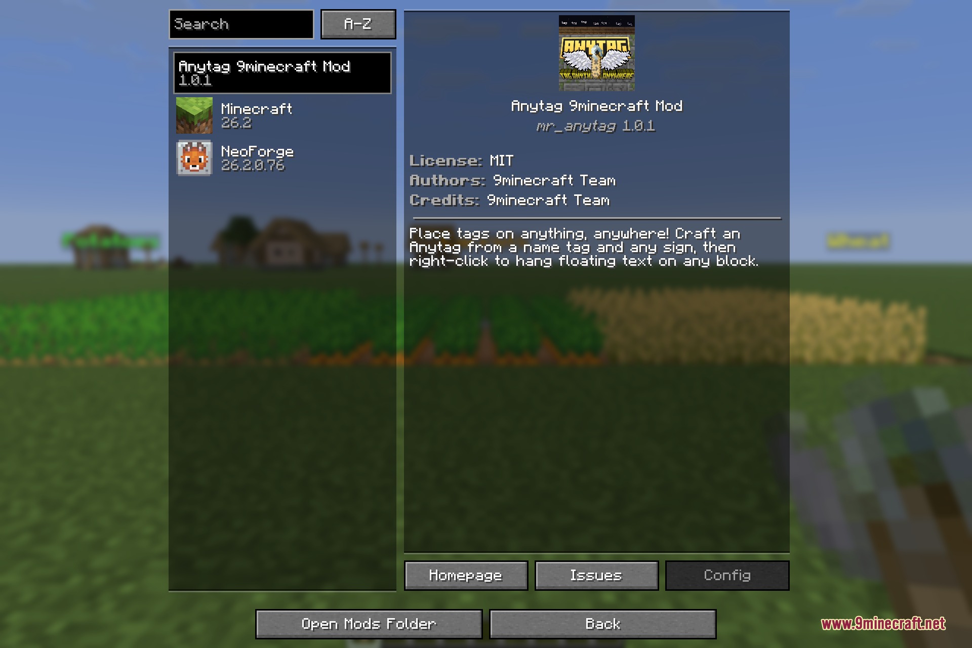 The Anytag entry in the Minecraft mods list