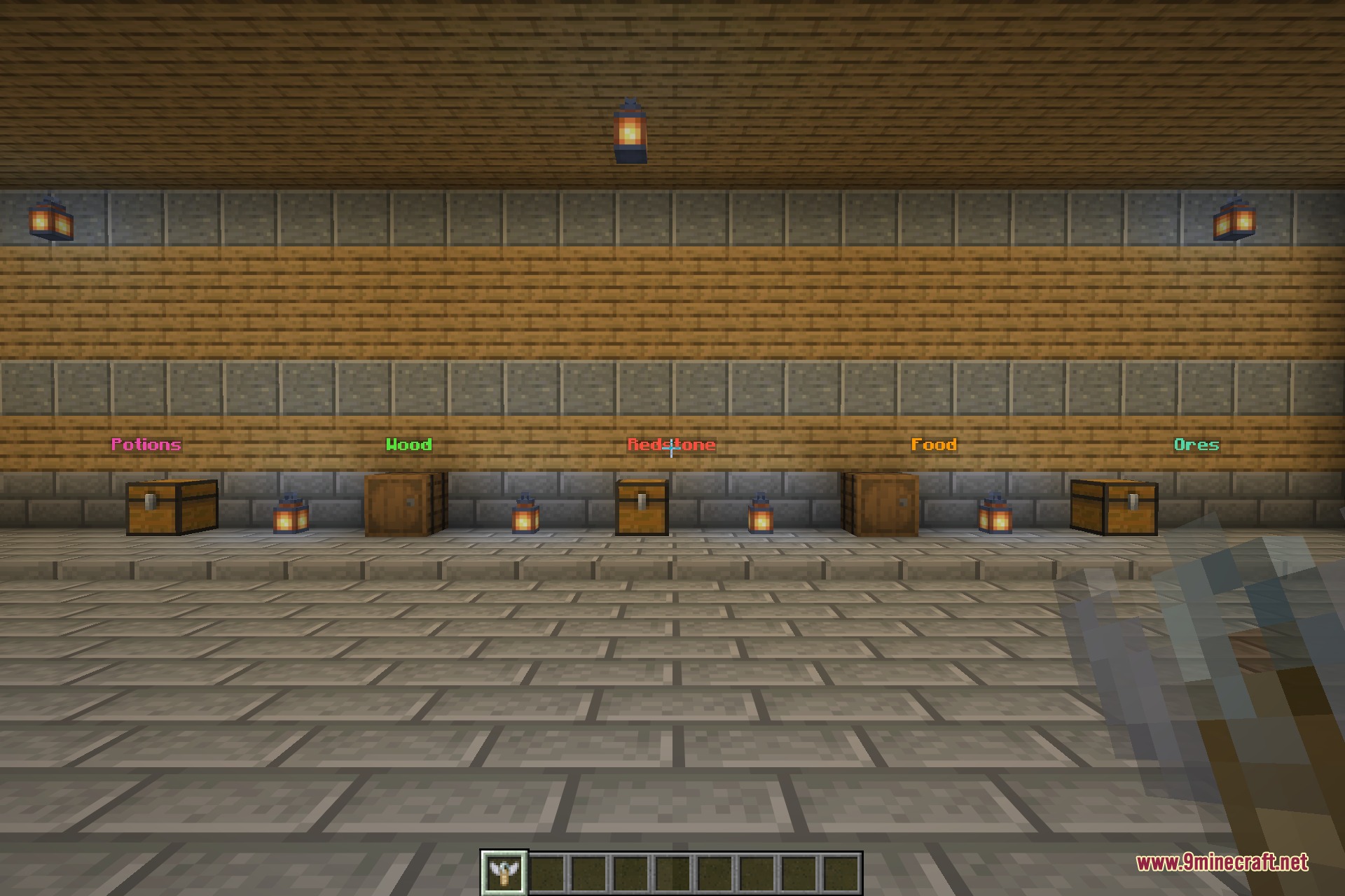 A storage room where every chest and barrel carries its own floating label