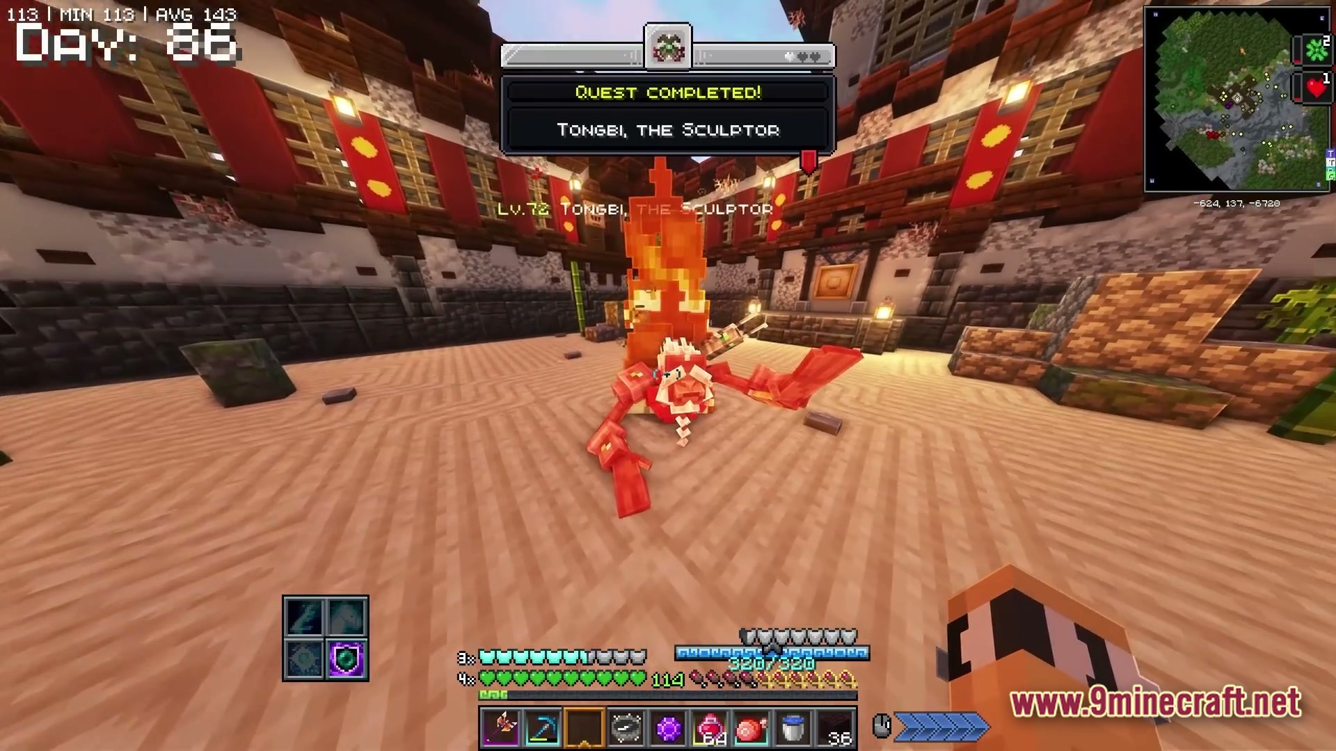Apex Ascendant Ethos Modpack Screenshot 1 A player completes a quest after defeating Tongbi, The Sculptor boss inside a circular arena