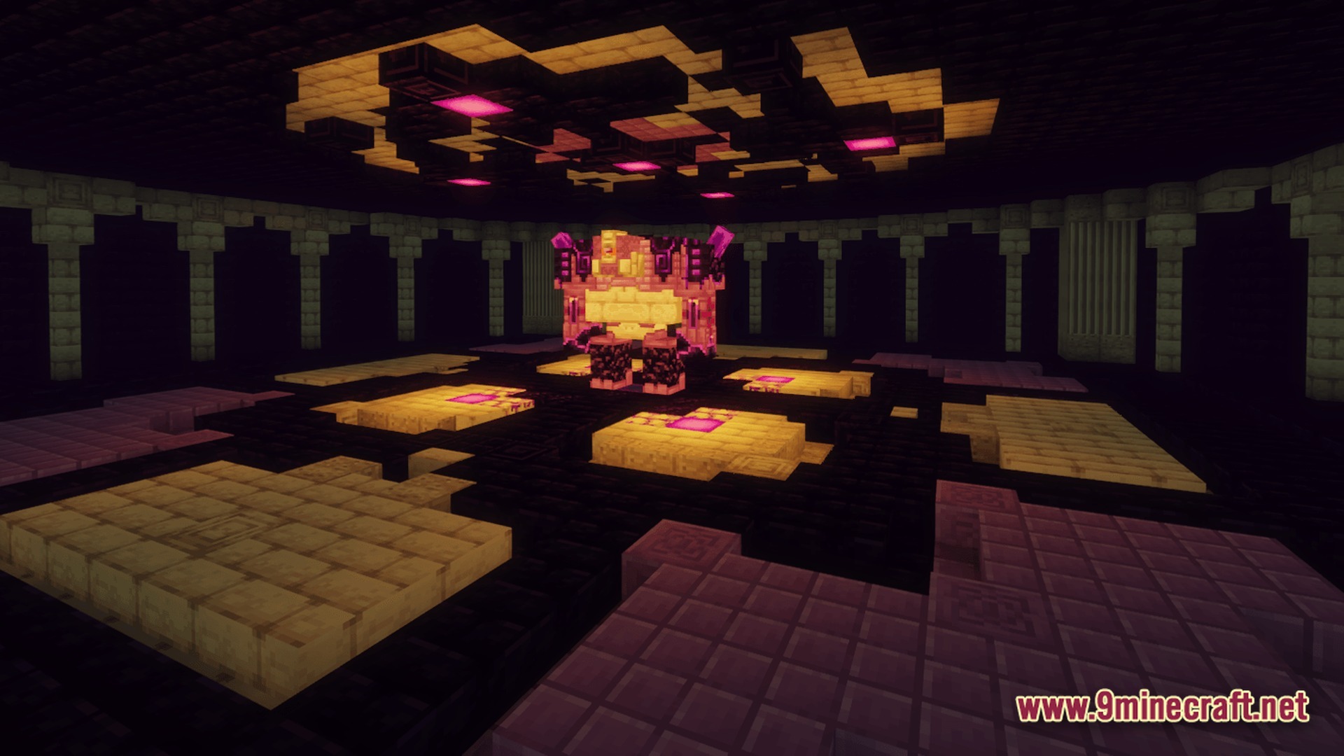Apex Ascendant Ethos Modpack Screenshot 10 A large mechanical boss mob stands in the center of a dark, ornate stone arena