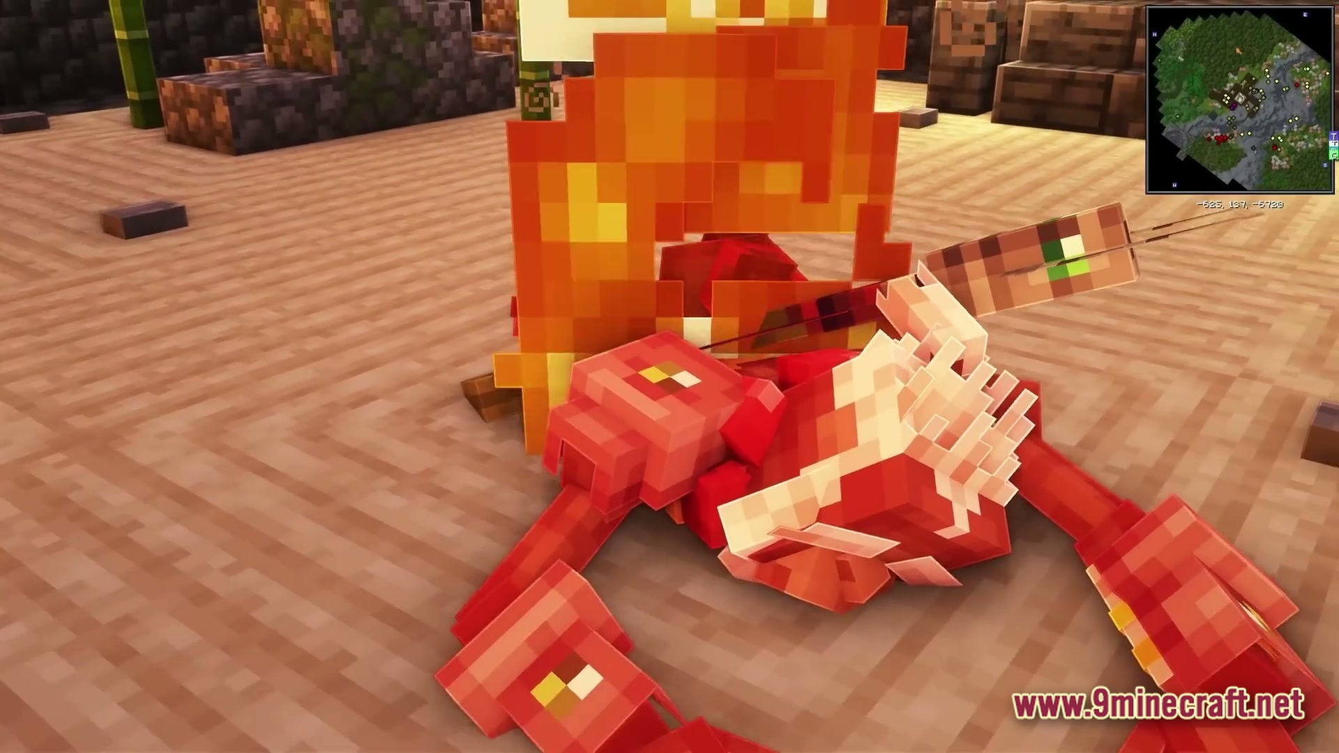 Apex Ascendant Ethos Modpack Screenshot 2 A red crab mob on fire with an arrow embedded in its shell on sand