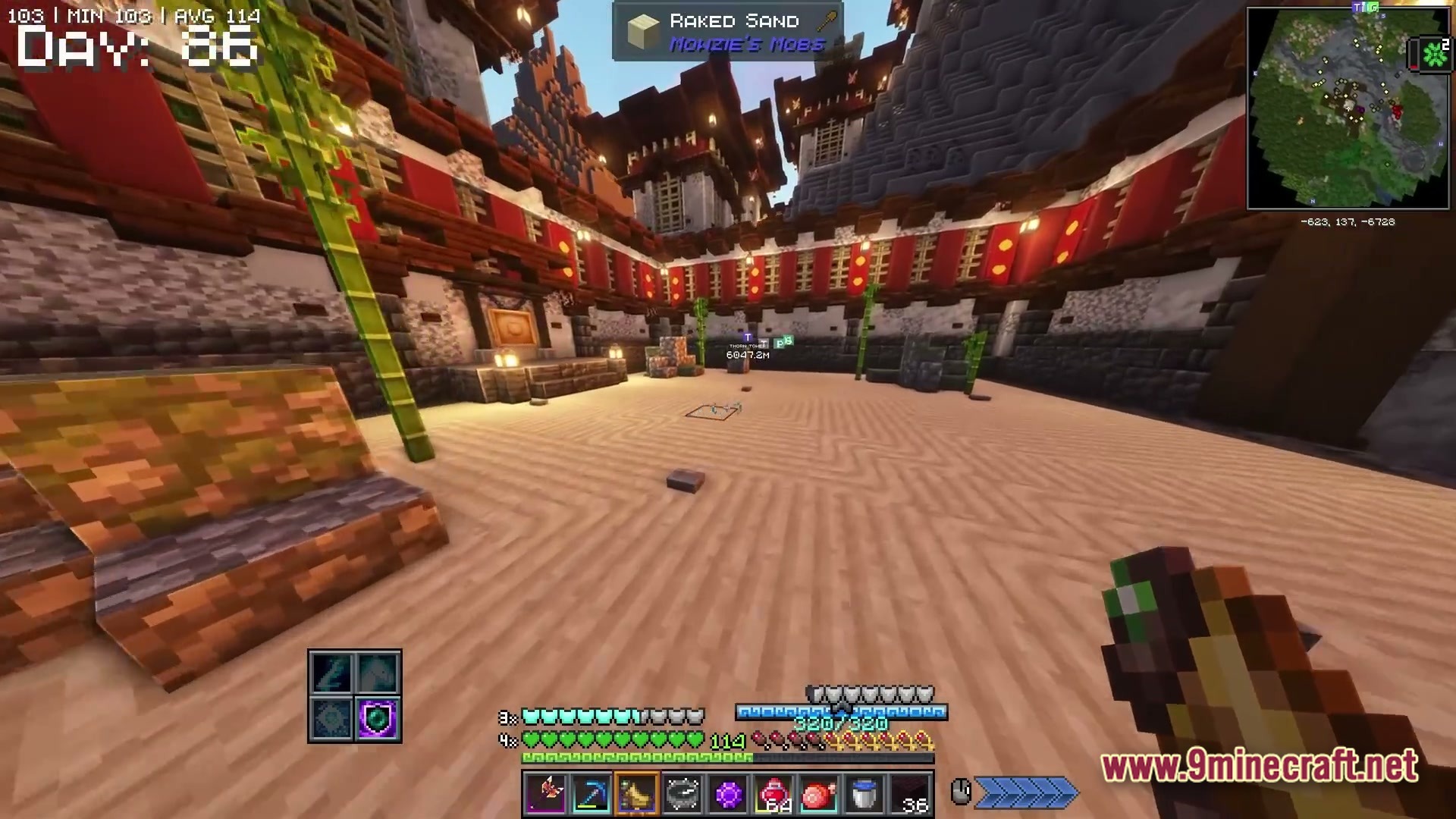 Apex Ascendant Ethos Modpack Screenshot 3 A player stands in a courtyard featuring raked sand and Japanese-style architecture with red banners