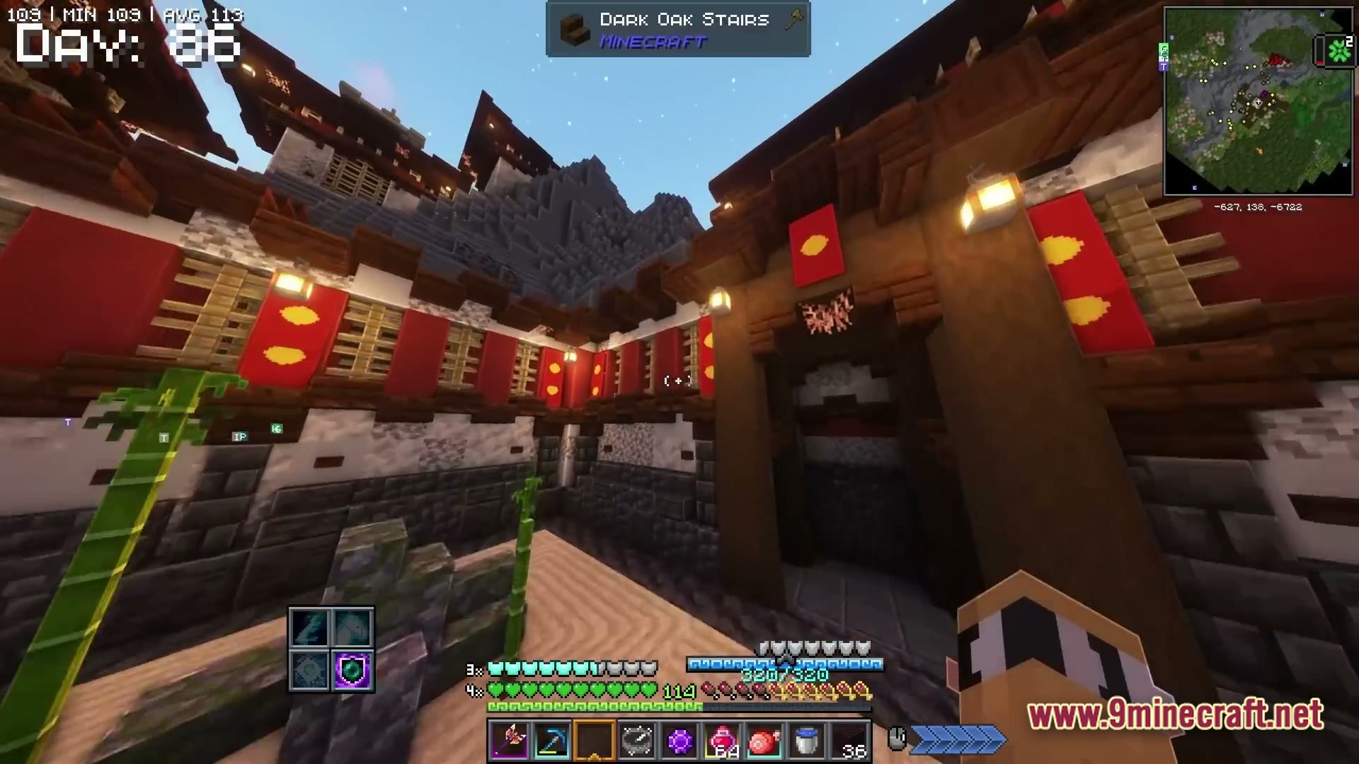 Apex Ascendant Ethos Modpack Screenshot 4 A first-person view of a Japanese-style courtyard featuring red banners, lanterns, and stone walls