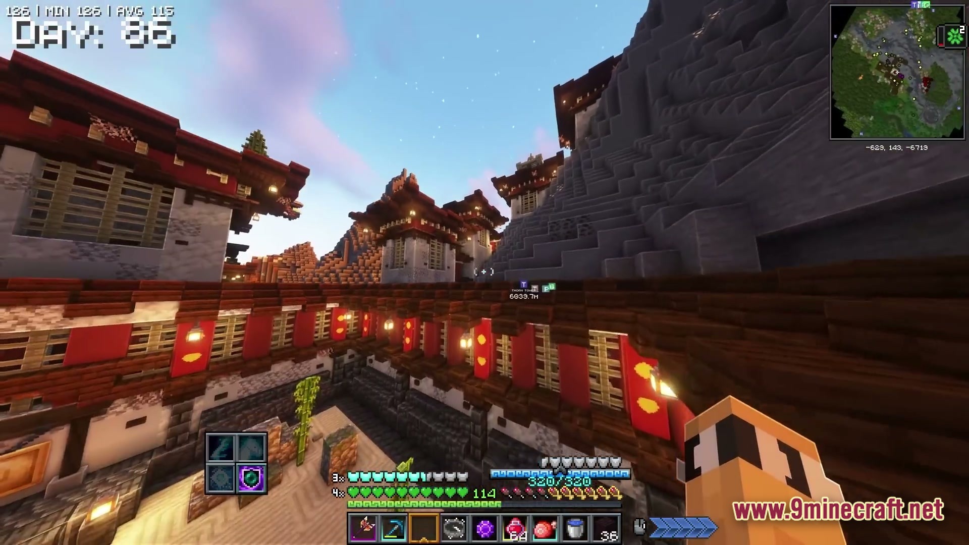 Apex Ascendant Ethos Modpack Screenshot 5 A player explores a mountain village featuring East Asian architectural styles and custom decorative banners