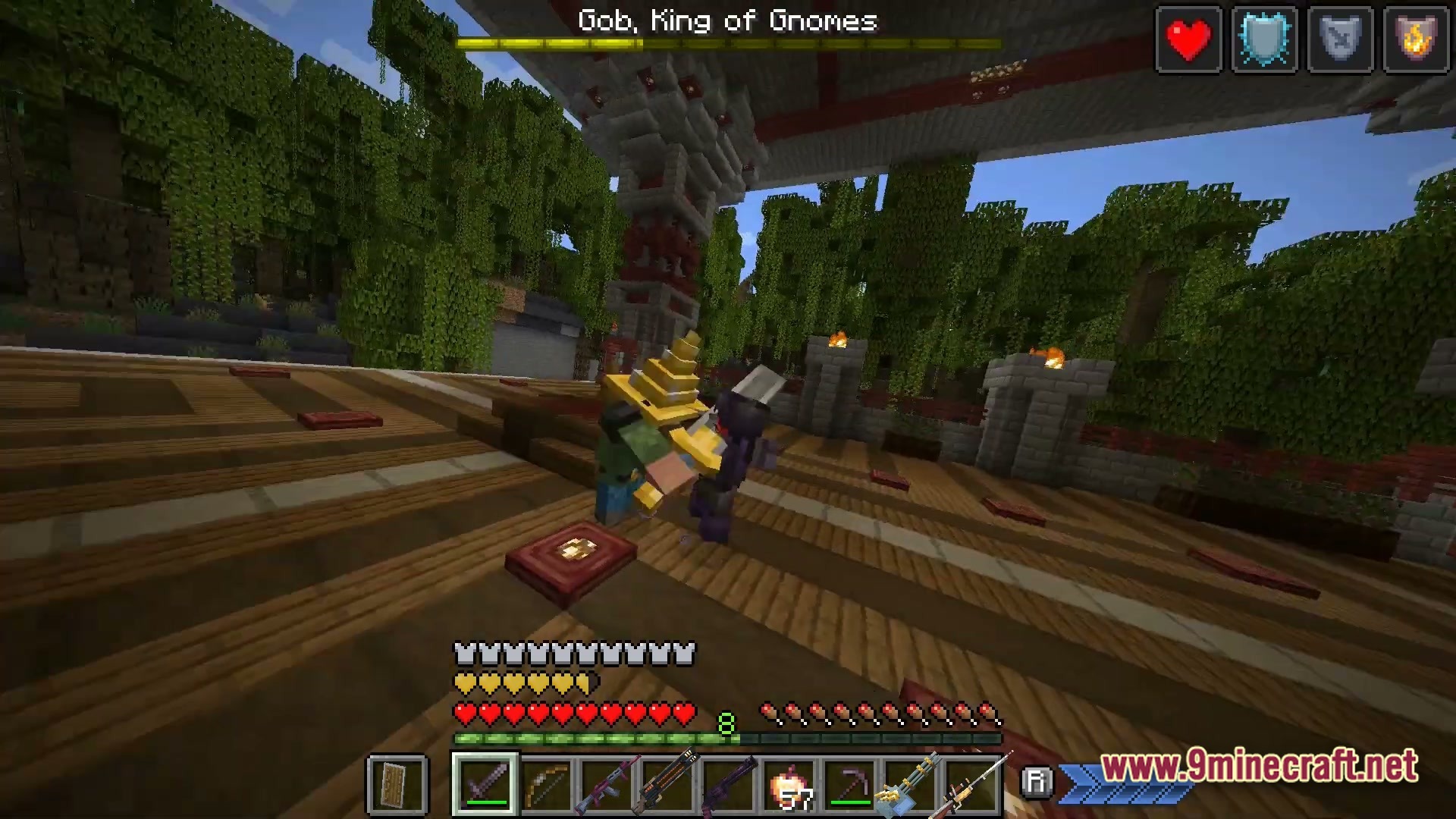 Apex Ascendant Ethos Modpack Screenshot 6 A player engages in a boss battle against Gob, King of Gnomes, within a jungle arena