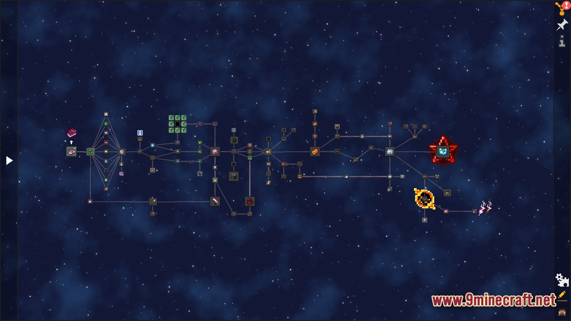Apex Ascendant Ethos Modpack Screenshot 7 A complex quest progression tree interface featuring interconnected item icons against a starry space background