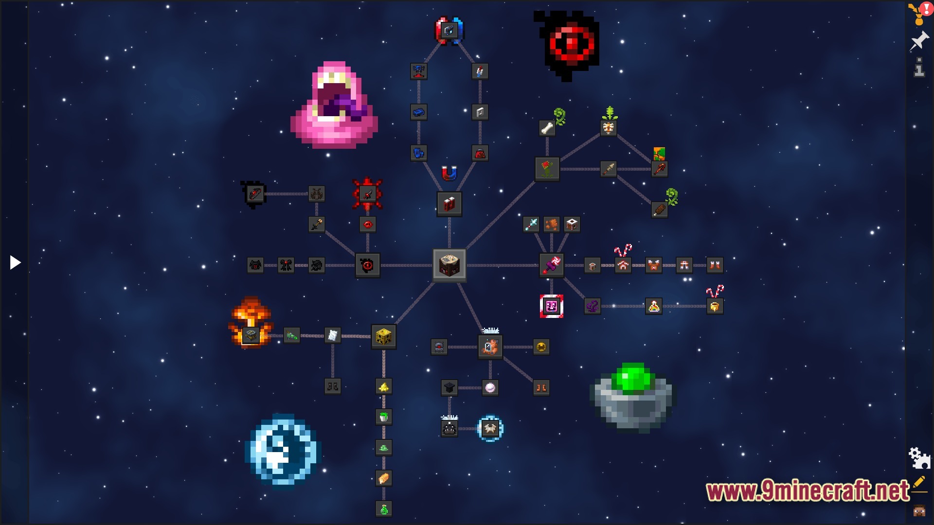 Apex Ascendant Ethos Modpack Screenshot 8 A complex branching quest tree interface featuring various modded items and icons against a starry background