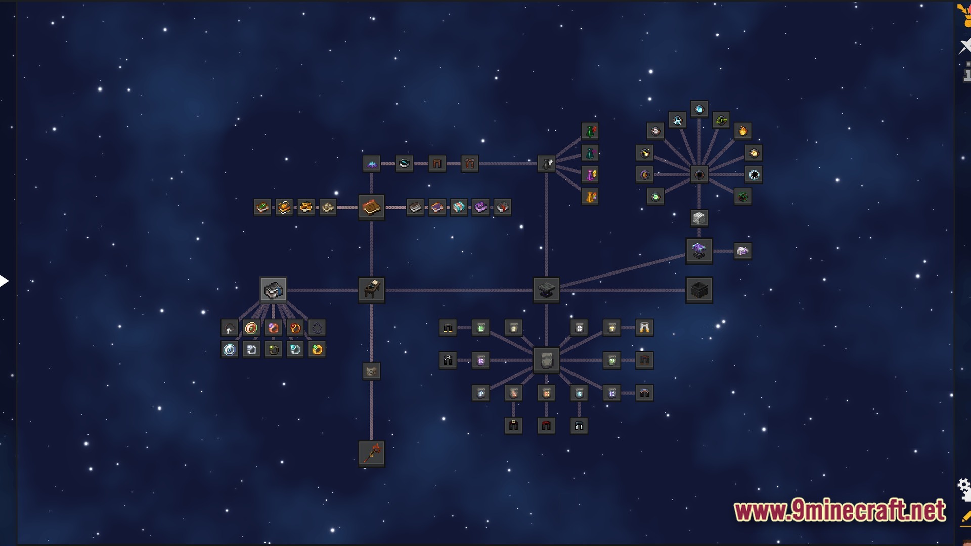Apex Ascendant Ethos Modpack Screenshot 9 A complex quest advancement tree featuring various magical items and equipment over a starry background