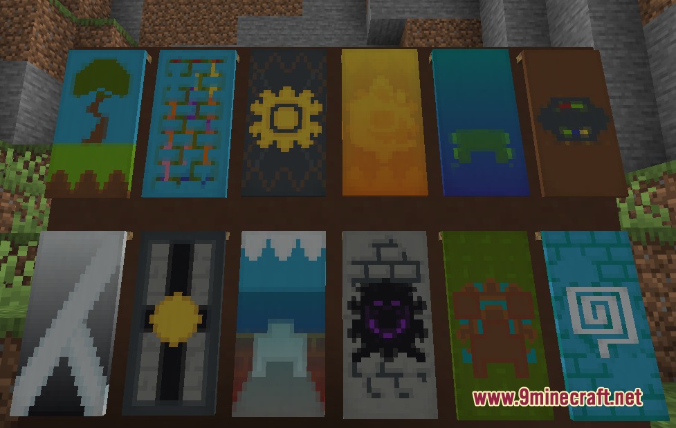 Apex Trophy Spoils Mod Screenshot 2 Twelve decorative trophy banners with unique patterns hanging on a stone wall