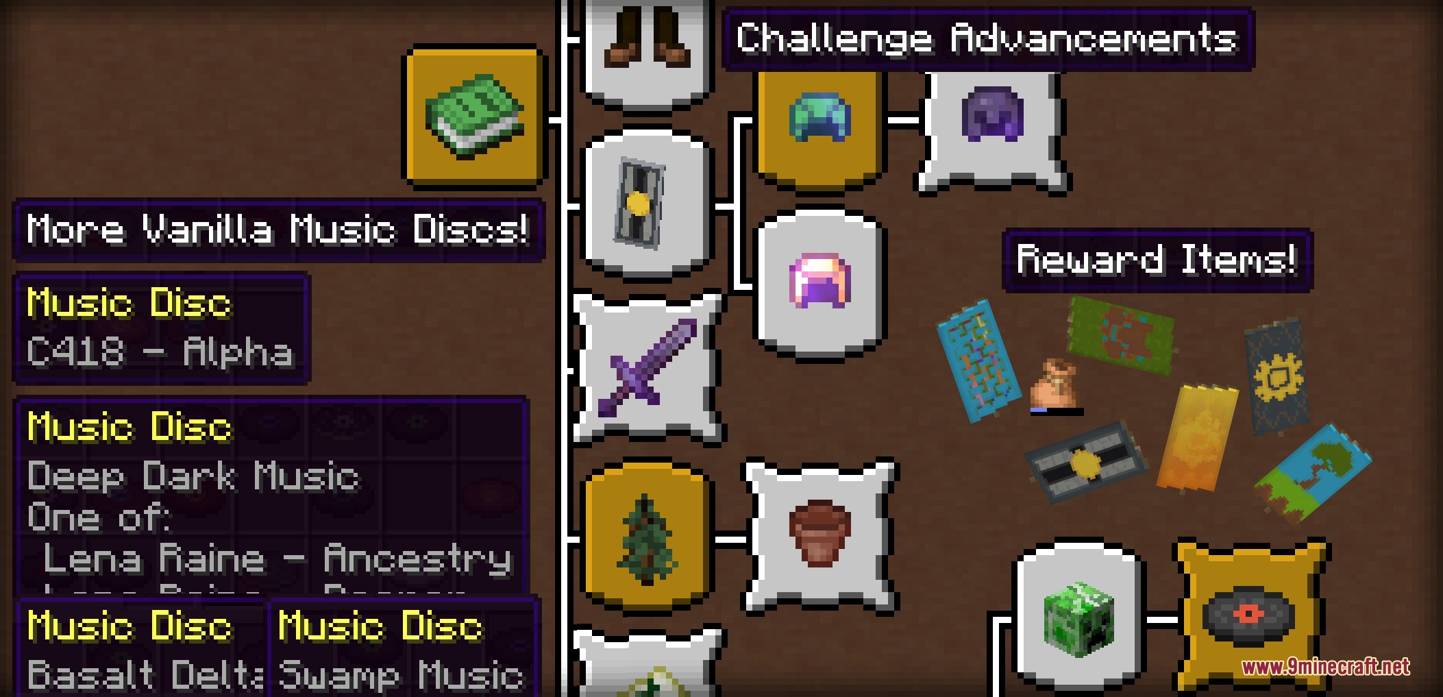 Apex Trophy Spoils Mod Screenshot 6 Minecraft advancement tree displaying icons for saplings and music discs and reward banners