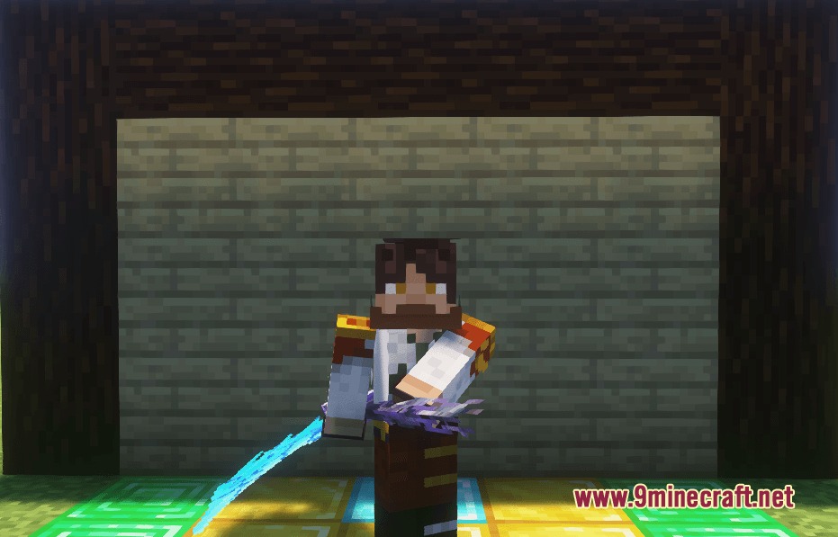 Arcane Arsenal Manifest Mod Screenshot 2 Minecraft character wielding a powerful glowing sword with blue and purple energy