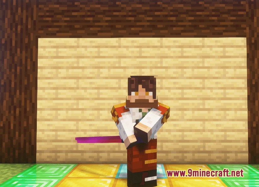 Arcane Arsenal Manifest Mod Screenshot 3 A Minecraft character in a white uniform holding a purple glowing sword