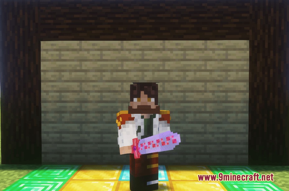 Arcane Arsenal Manifest Mod Screenshot 5 A Minecraft character holding a glowing purple sword with unique red patterns