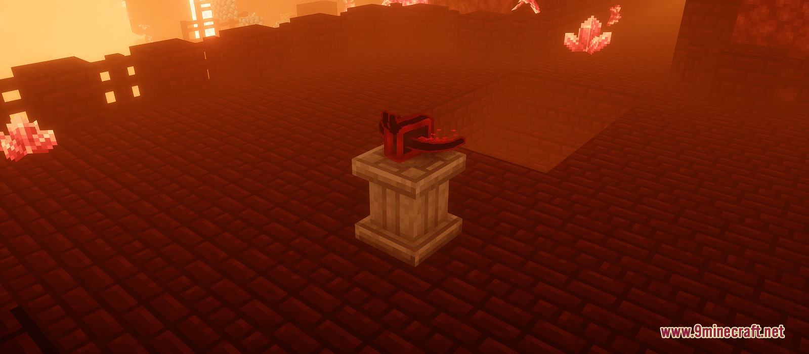 Arcane Cataclysm Unleashed Mod Screenshot 4 A red grimoire sits on a stone pedestal in a fiery Nether environment