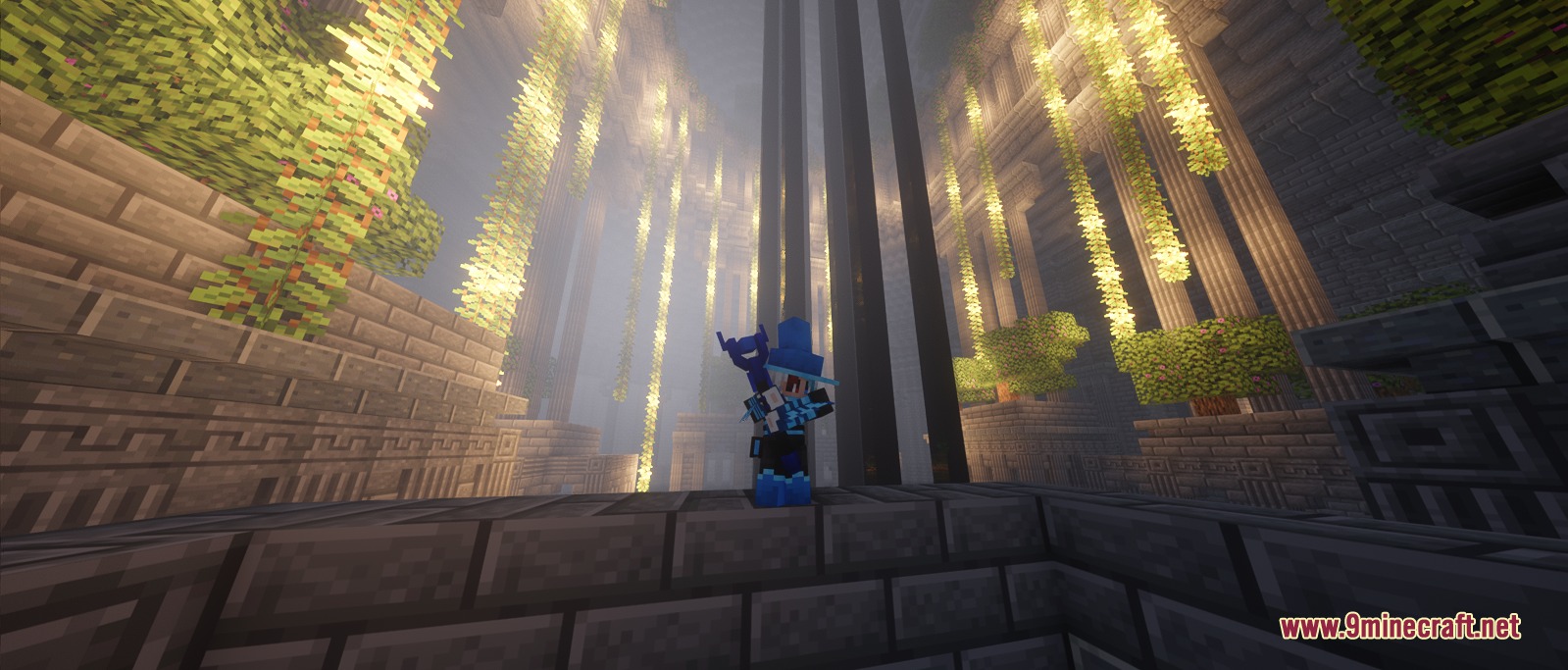 Arcane Cataclysm Unleashed Mod Screenshot 5 A character in blue armor stands in a grand hall with glowing vines