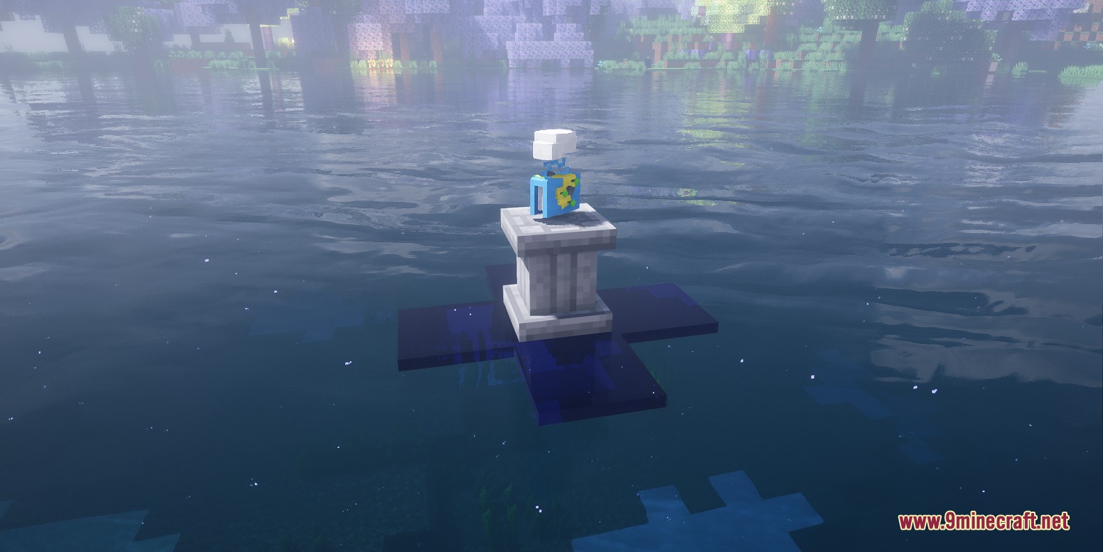 Arcane Cataclysm Unleashed Mod Screenshot 6 A magical grimoire rests on a stone pedestal in the middle of a lake