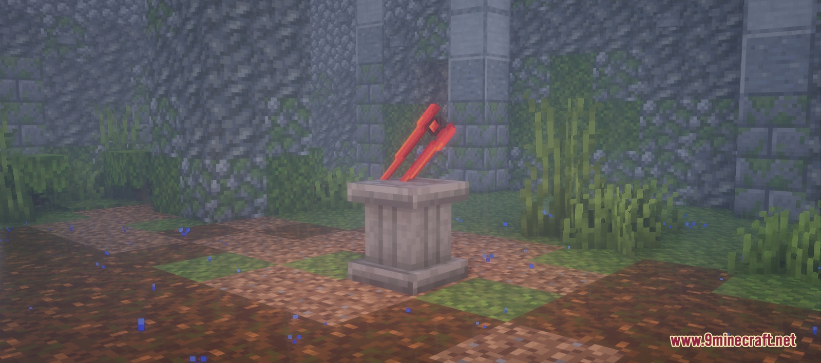 Arcane Cataclysm Unleashed Mod Screenshot 7 The red Core Splitter weapon rests on a stone pedestal in ruins
