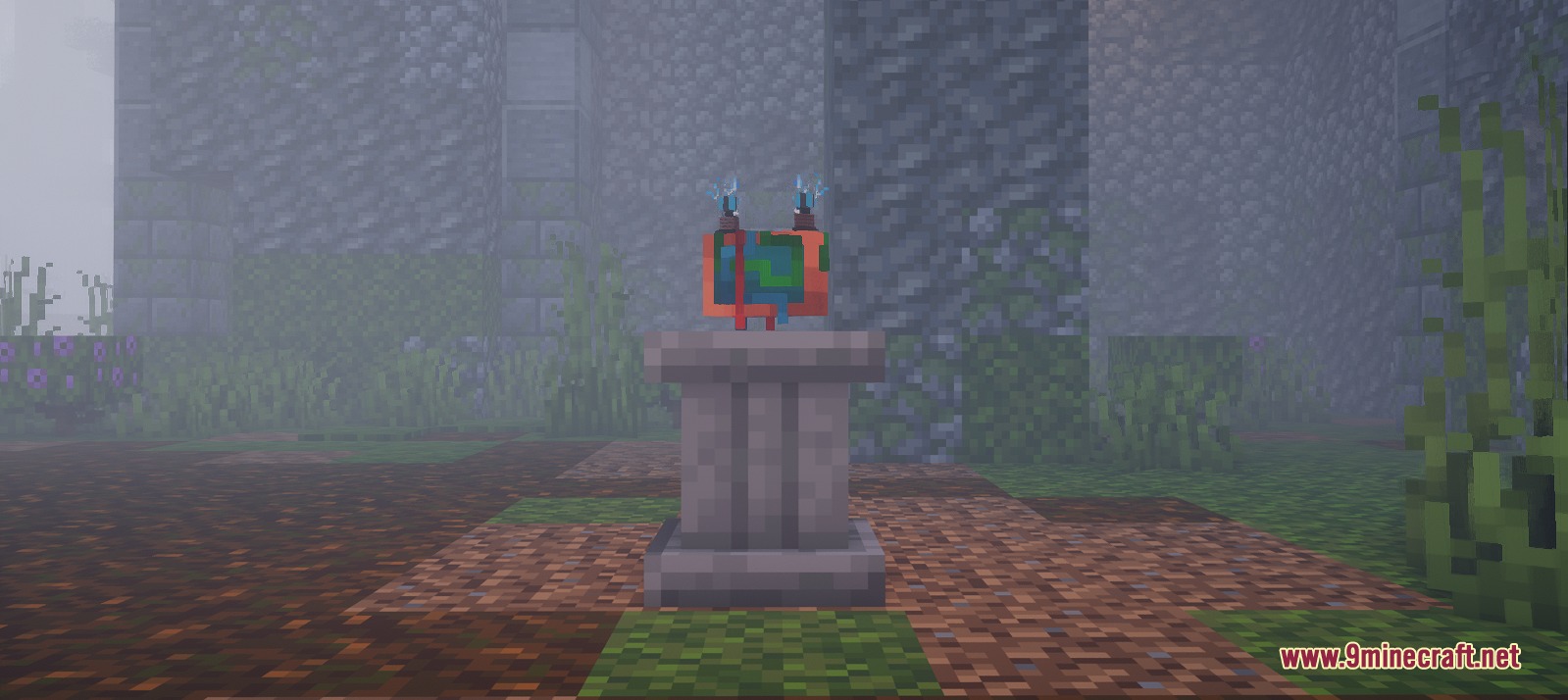 Arcane Cataclysm Unleashed Mod Screenshot 8 An elemental grimoire is displayed on a stone pedestal in the mist