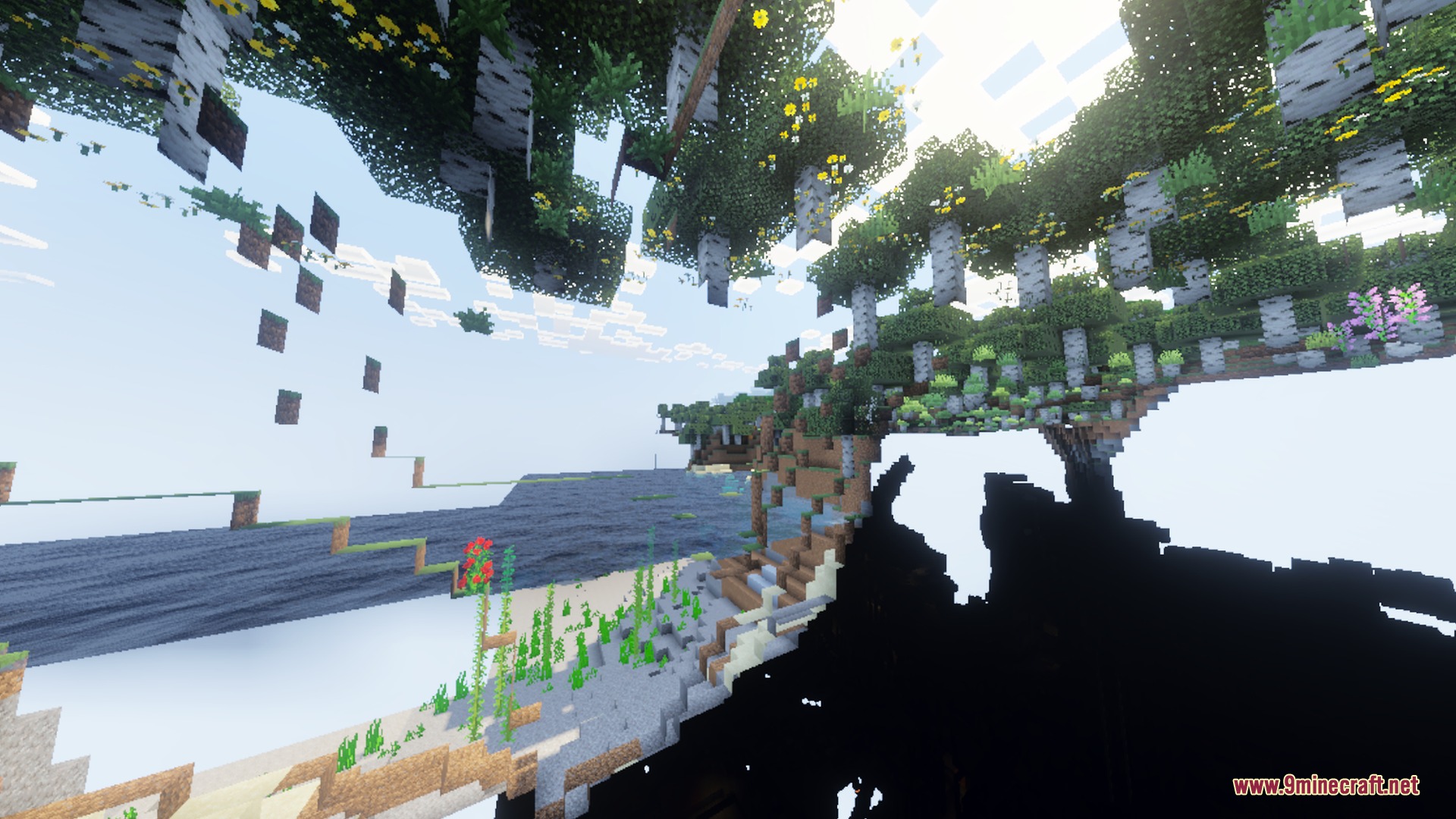 Lush floating islands with birch trees and flowers overlooking a wide river landscape