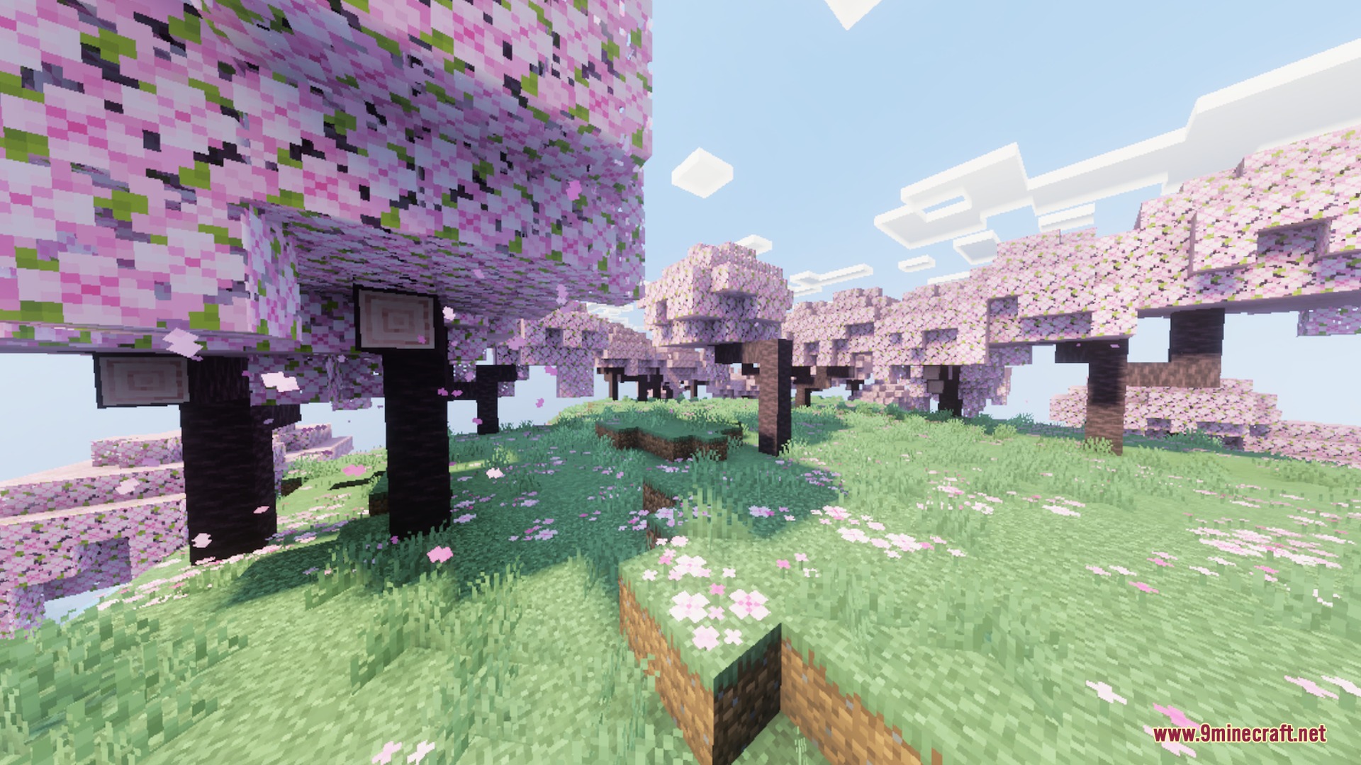 Cherry blossom biome with pink trees and enhanced fantasy style lighting effects