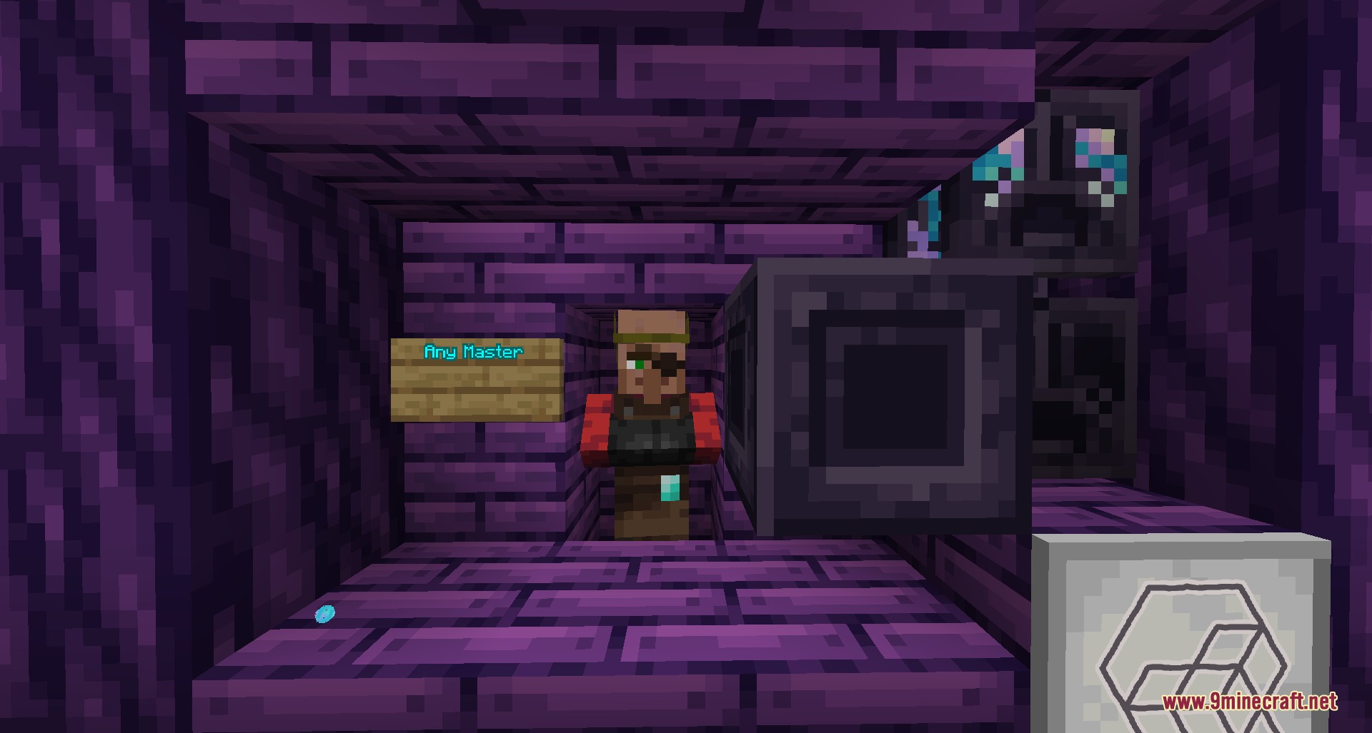 Arcane Glyph Masonry Mod Screenshot 2 A villager standing next to a Merchant Directrix block in a purple room