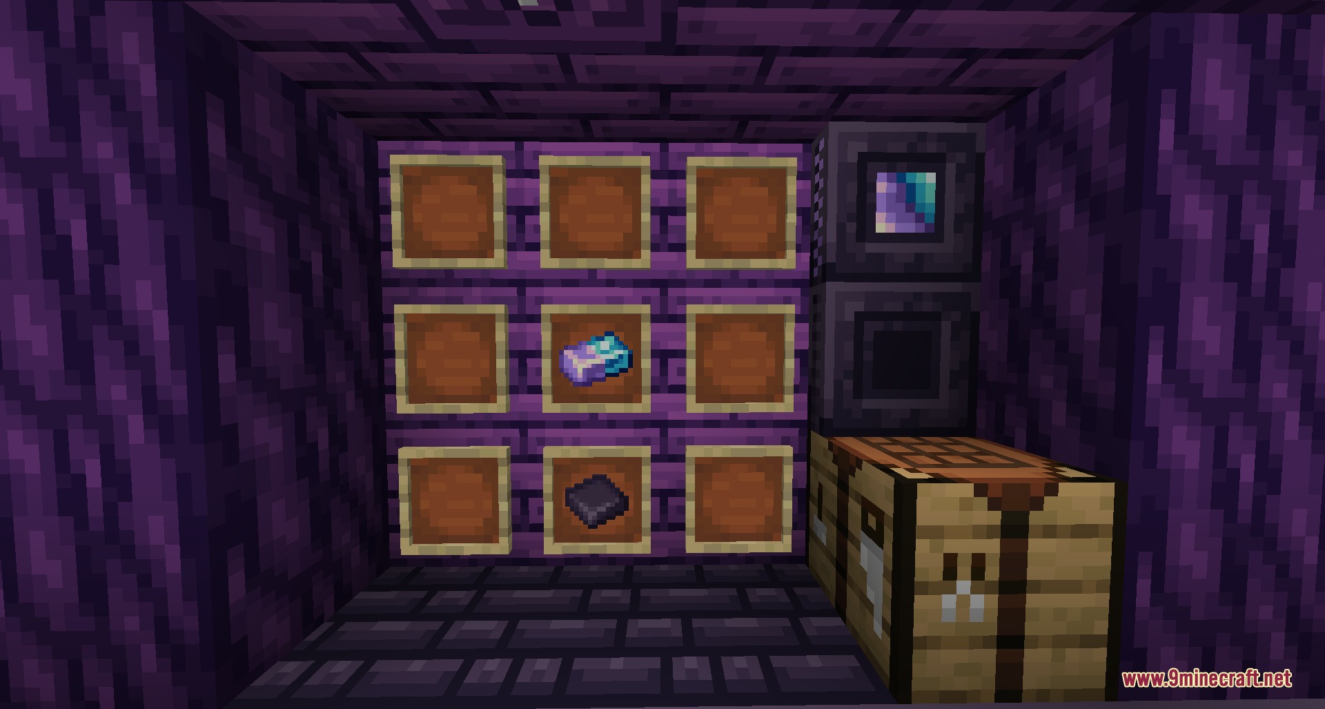 Arcane Glyph Masonry Mod Screenshot 3 Item frames displaying materials for crafting next to a Patterned Assembler block