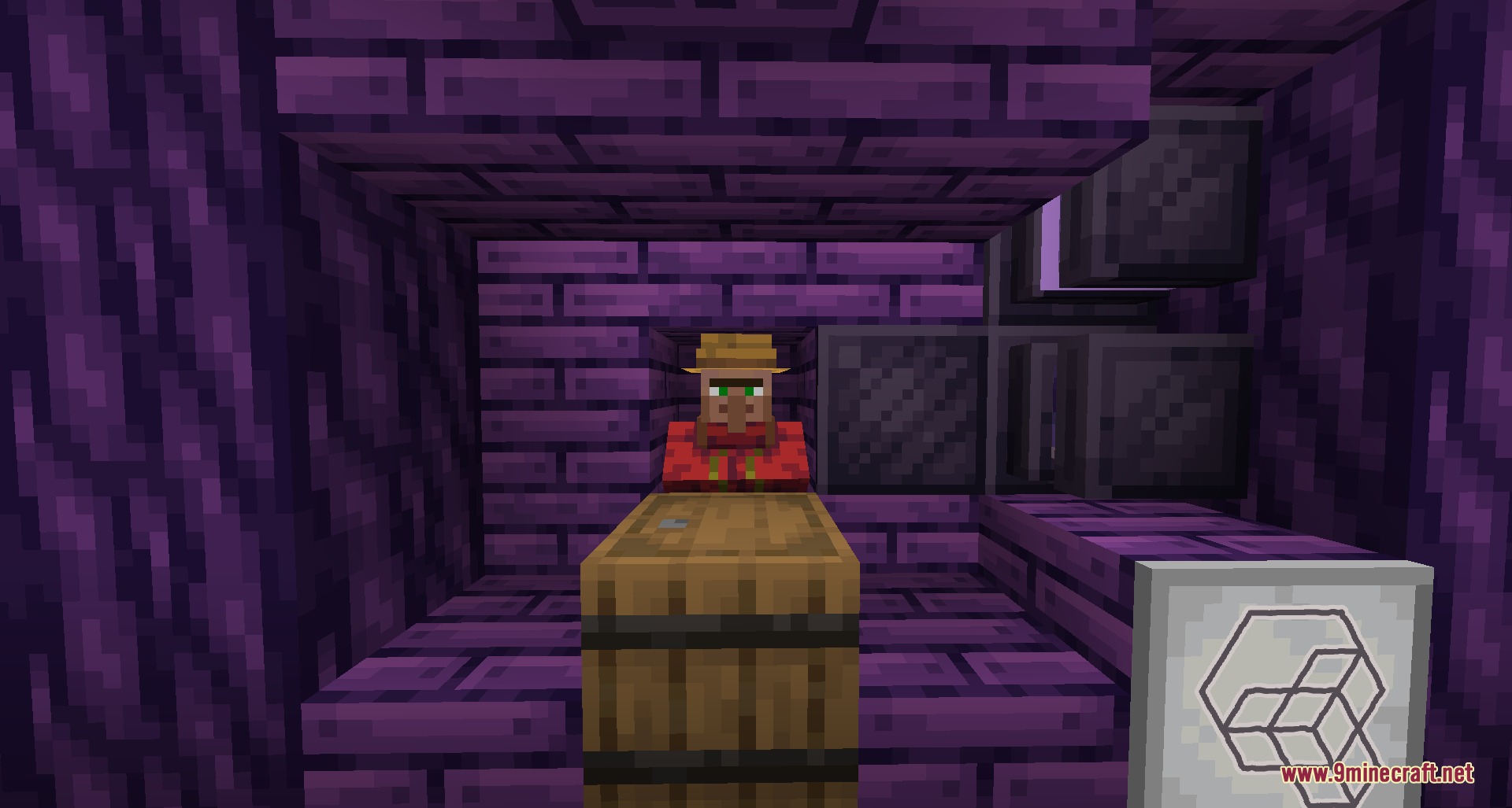 Arcane Glyph Masonry Mod Screenshot 4 Merchant Directrix block handling villager trading inside a purple brick structure