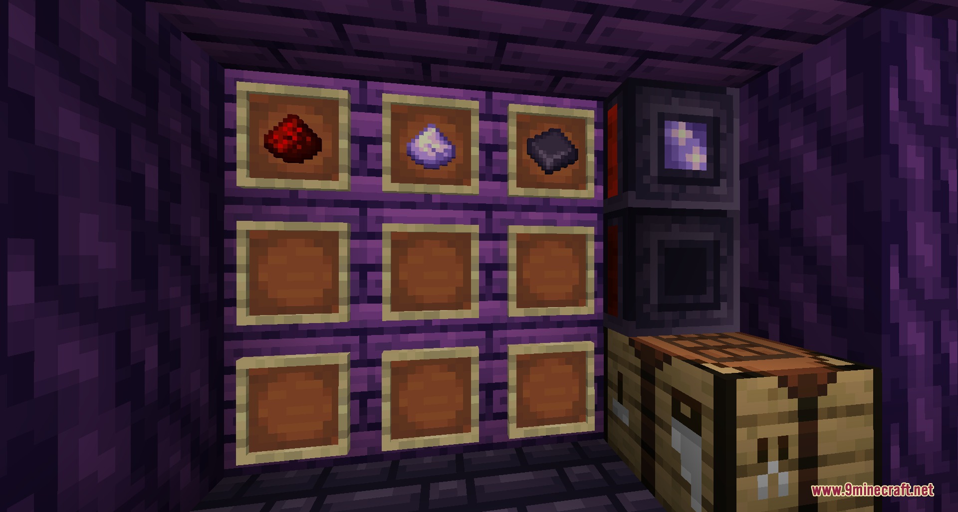 Arcane Glyph Masonry Mod Screenshot 5 Pocket simulators and item frames on a wall with a crafting table
