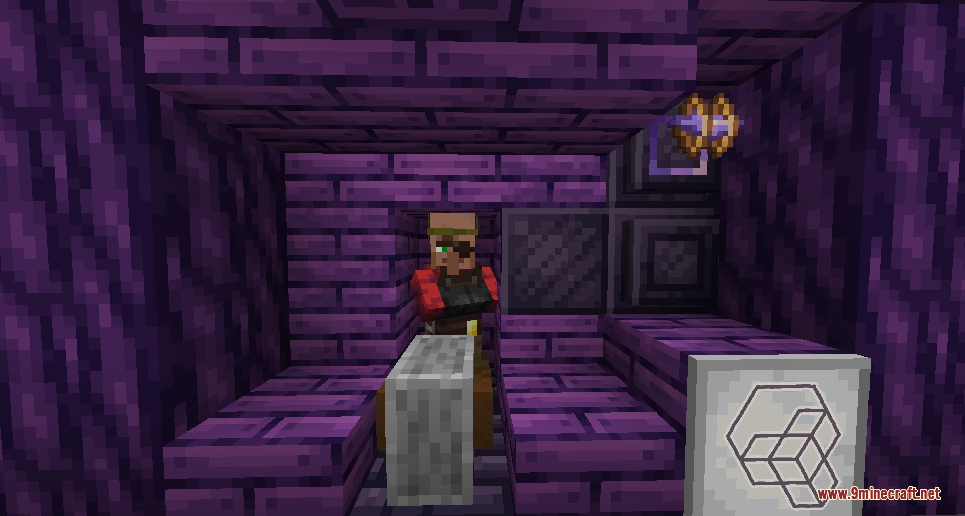 Arcane Glyph Masonry Mod Screenshot 7 A villager stands behind a stonecutter block inside a purple brick room