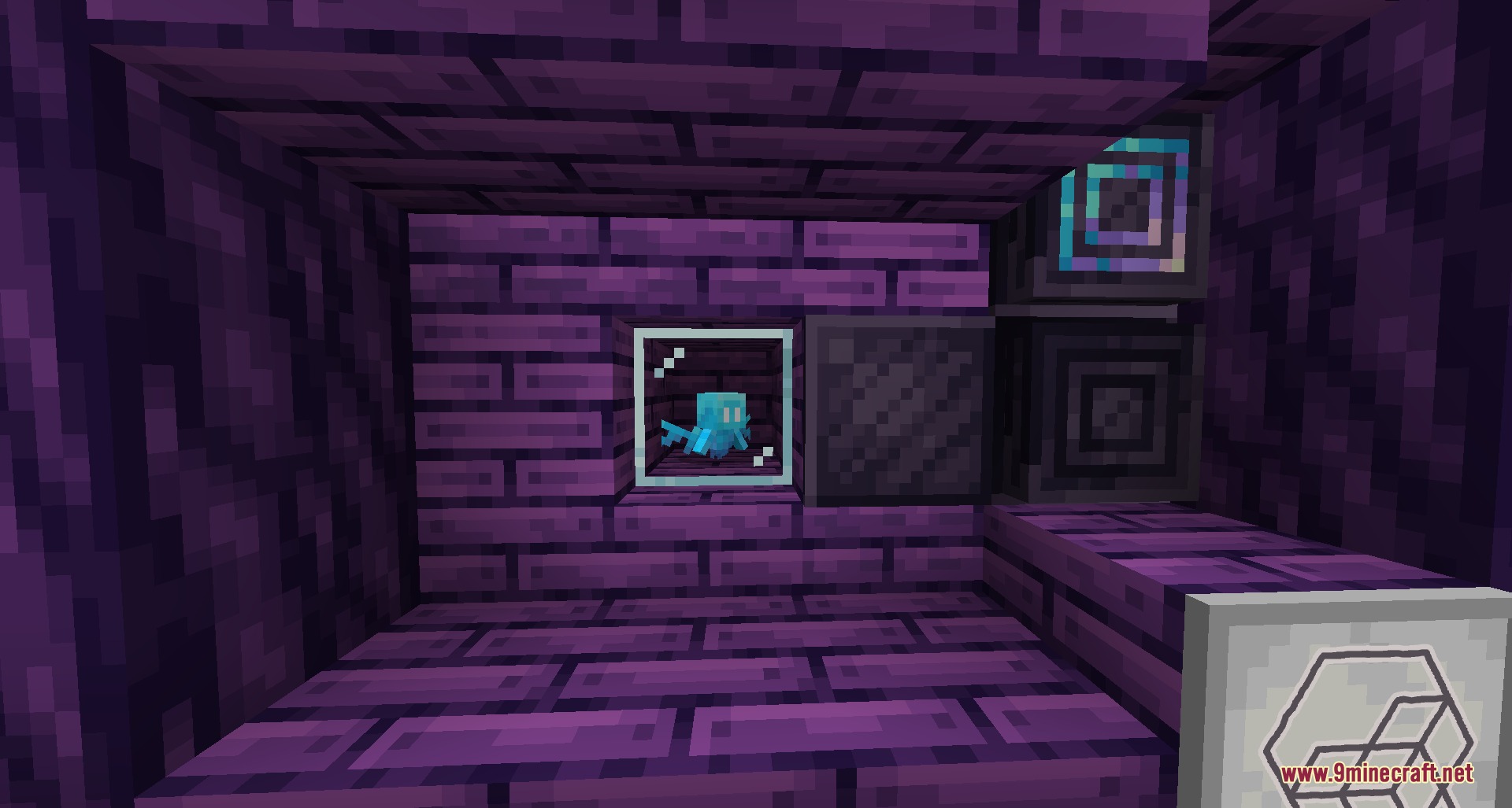 Arcane Glyph Masonry Mod Screenshot 8 A small blue creature trapped inside a glass block in a purple room
