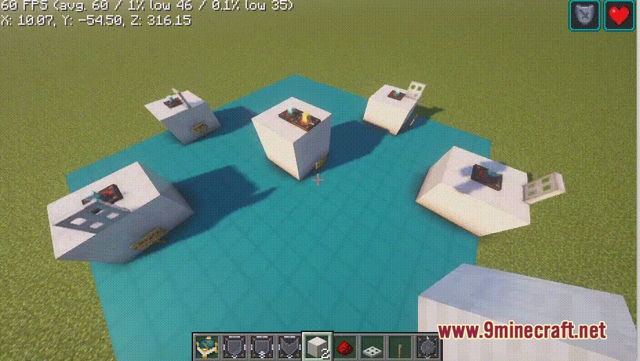 Arcane Logic Tech Mod Screenshot 1 Showcasing various redstone logic gates placed on white blocks in Minecraft