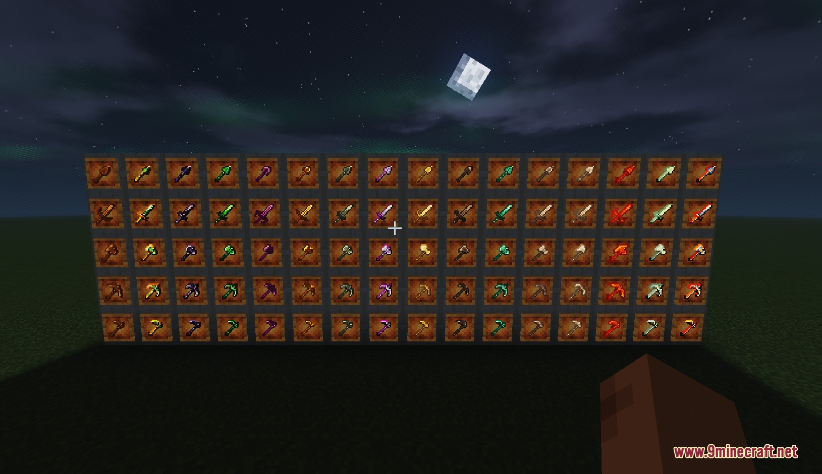 Arcane Logic Tech Mod Screenshot 7 A wall of item frames displaying many sets of colorful tools and weapons