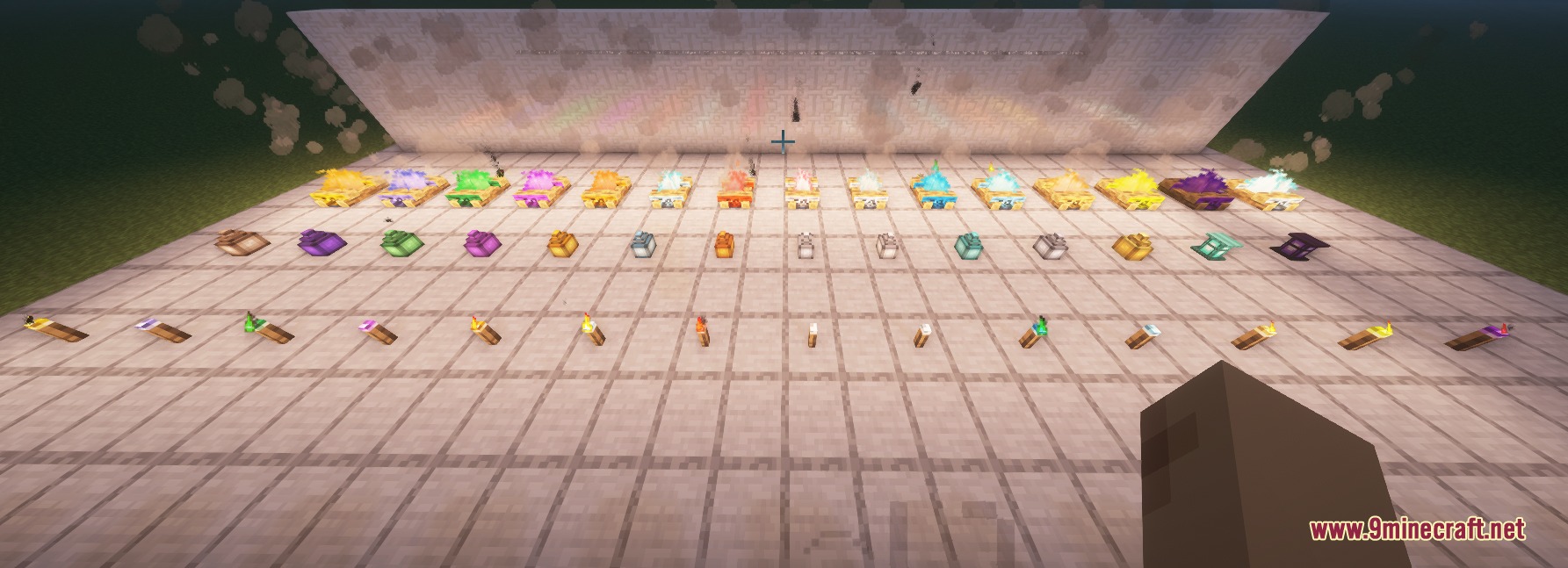 Arcane Logic Tech Mod Screenshot 8 Rows of colorful campfires lanterns and torches placed on a stone floor
