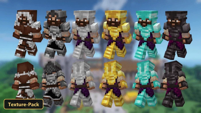 various armor sets on a male character, castle in background
