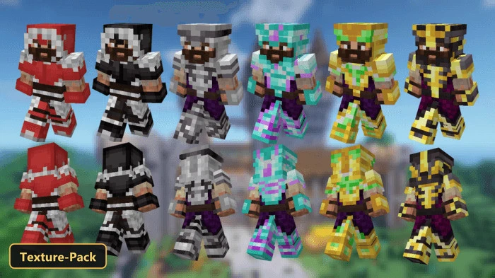 various armor sets on a male character, castle in background