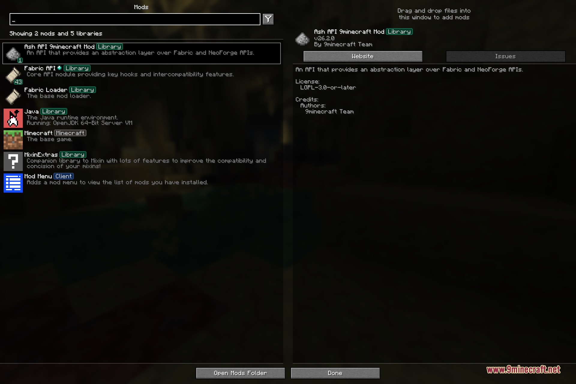 Minecraft mod list interface displaying Ash API and several other installed libraries