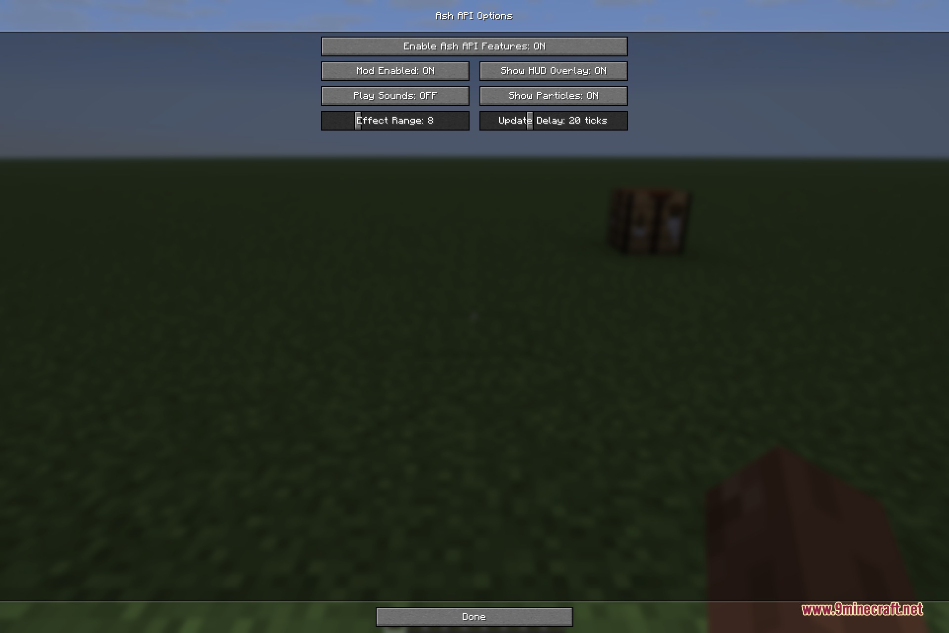 The Ash API configuration menu with buttons to toggle various mod features