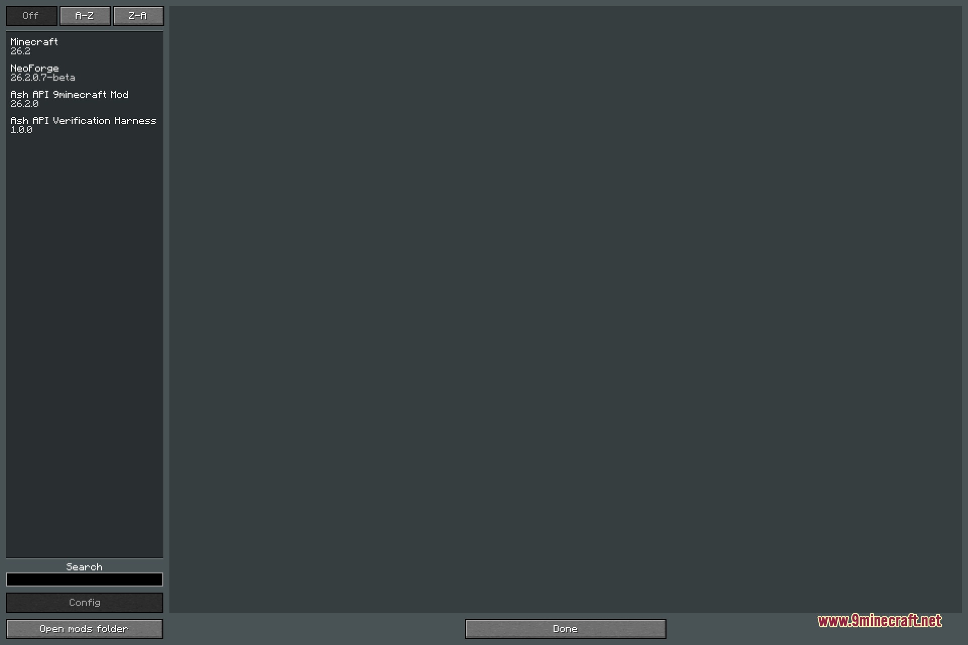 In game mod list screen displaying Ash API and other installed mods