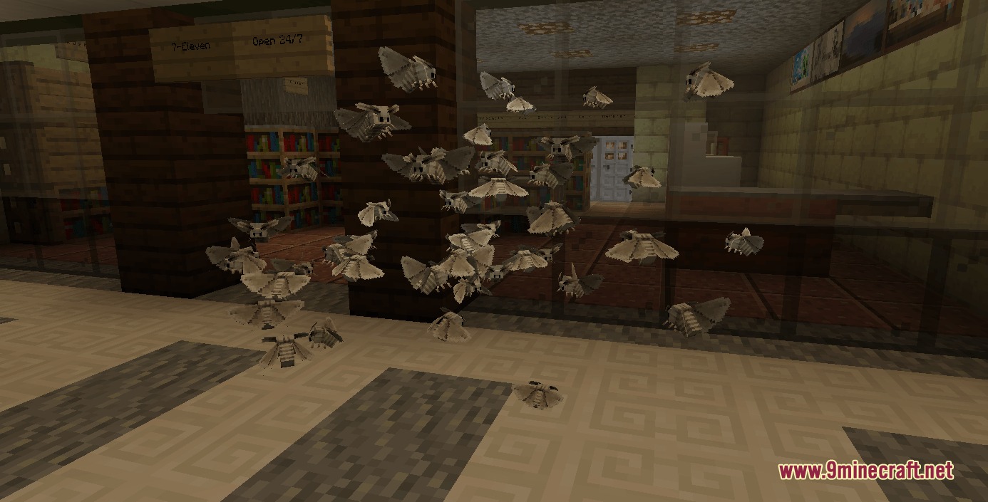 A swarm of kinetic dust moths flies inside a wooden library building