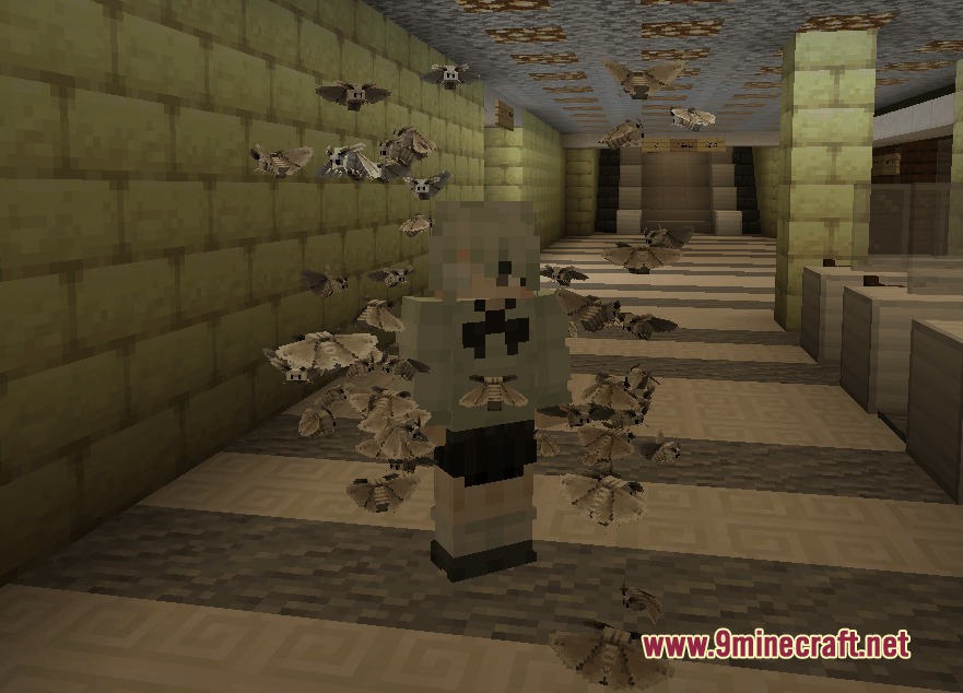 A Minecraft player character surrounded by a swarm of kinetic dust moths