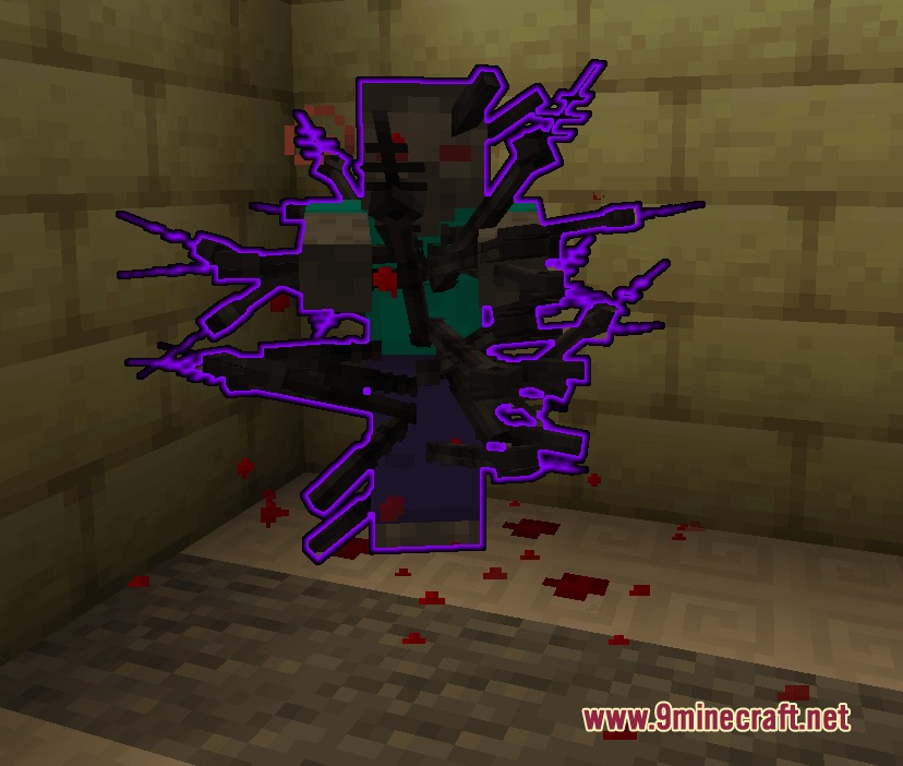 A mob being impaled by multiple cursed metal spears with purple outlines