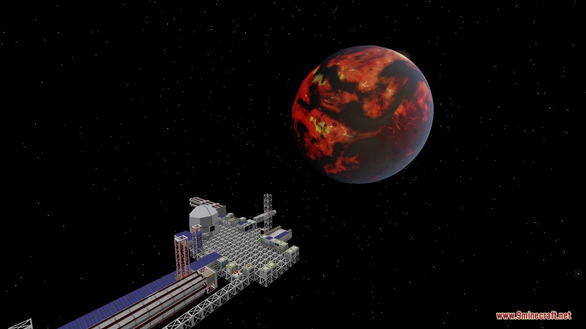 Astral Horizon Engine Mod Screenshot 1 A modular spacecraft orbits a volcanic planet in the Astral Horizon Engine Mod