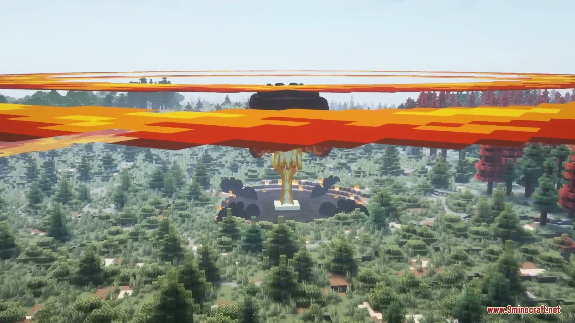 Atomic Casing Project Mod Screenshot 1 A massive nuclear explosion creates a large shockwave over a dense forest biome