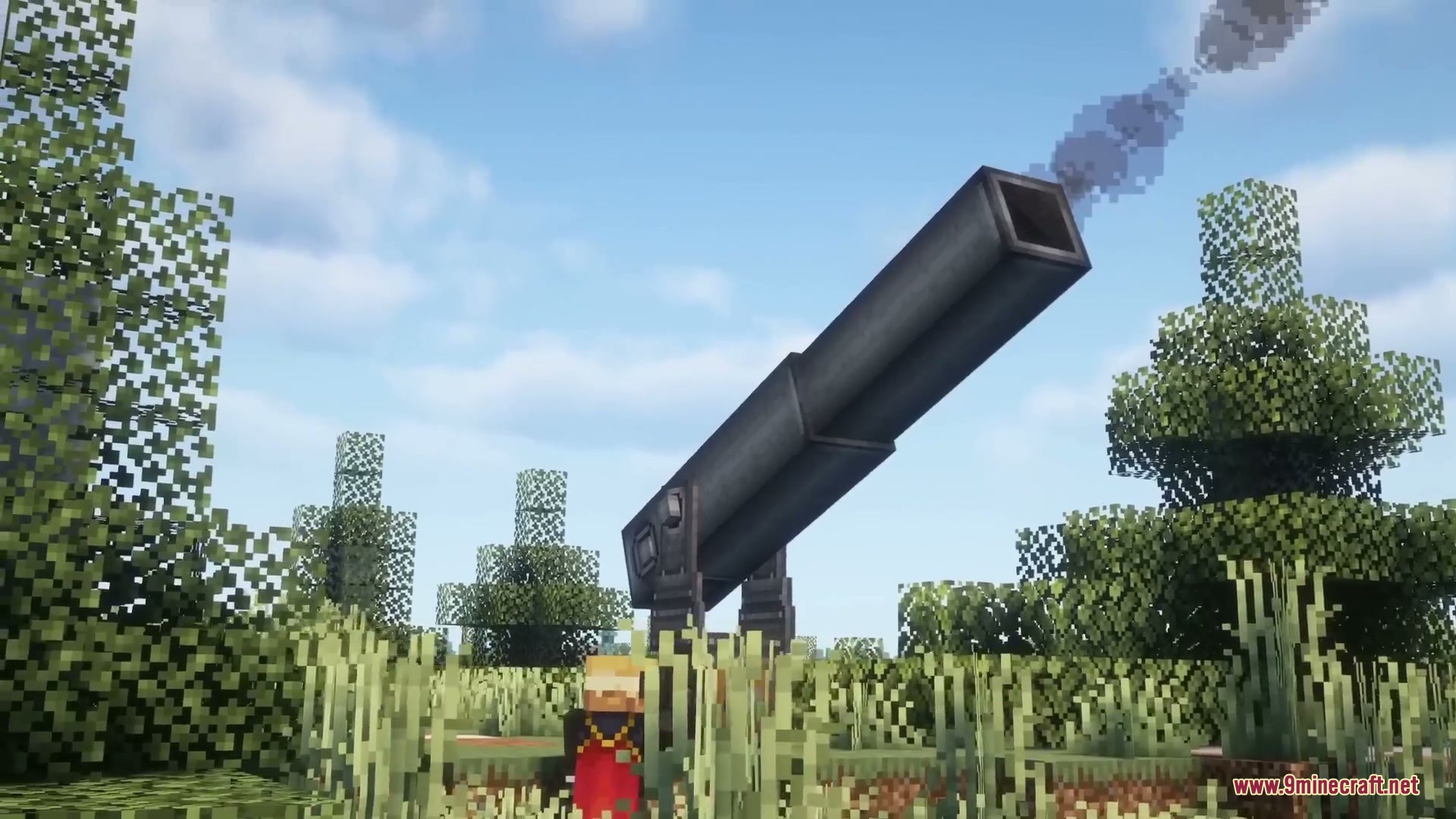 Atomic Casing Project Mod Screenshot 2 A giant black cannon barrel aimed at the sky in a forest clearing